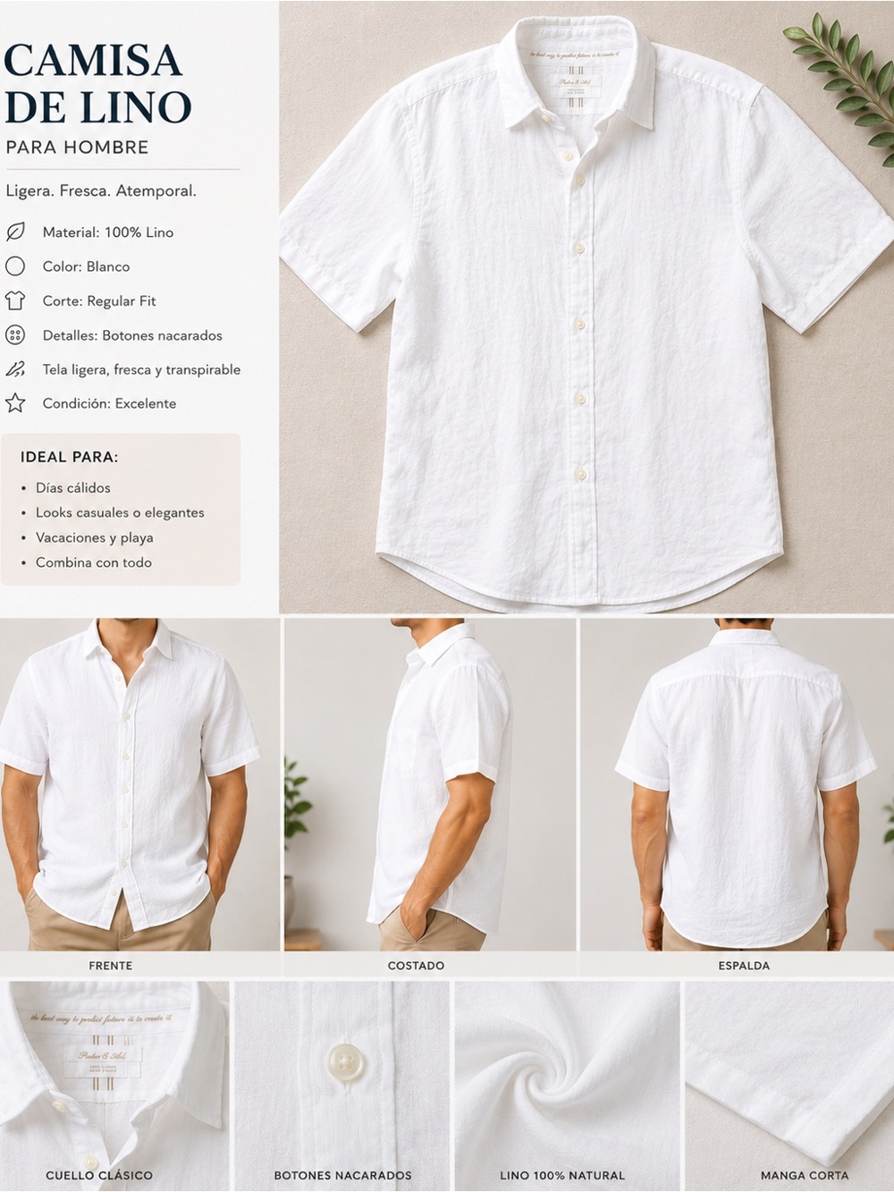Men's White Linen Short-Sleeve Button-Down Shirt - Lightweight Casual
